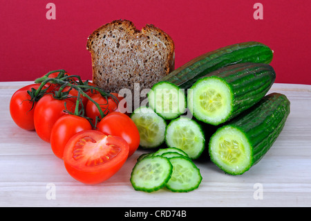 whole-grain bread, tomatoes and cucumger, Germany Stock Photo