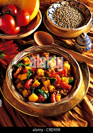 Arab vegetable soup with lentils, pumpkin, tomatoes and Swiss chard, vegetarian dish, Morocco. Stock Photo