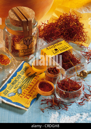 Saffron, saffron strands and saffron powder Stock Photo
