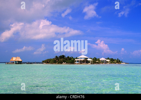 bungalows on Robinson Island, Belize, Caribbean Sea, Cayo Espanto Stock Photo