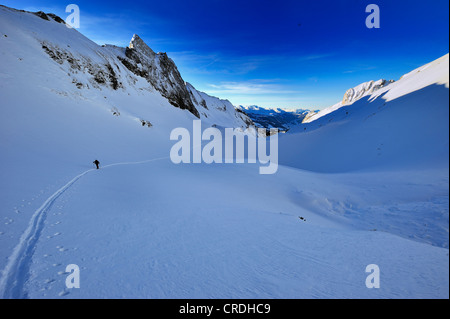 Ski trail with cross-country skiers, Wildhaus, Toggenburg, St. Gallen, Switzerland, Europe Stock Photo