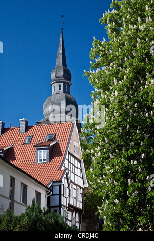 timber-framed house and steeple, Germany, North Rhine-Westphalia, Ruhr Area, Sprockhoevel Stock Photo