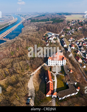 Aerial view, Schloss Reisensburg castle, Luitpoldinger dynasty, Danube river, Gundremmingen nuclear power plant, Reisensburg Stock Photo