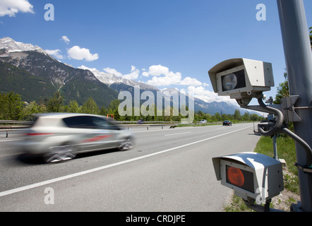 Speeding driver, radar speed control camera on the Inn Valley motorway A12 in the direction of Kufstein shortly before Innsbruck Stock Photo