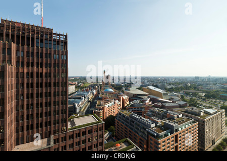 Potsdamer Platz square from above, seen from DB Tower, with Kollhoff Tower at the front and debis-Haus at the rear, Berlin Stock Photo