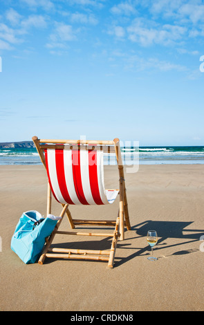 Empty deck chair on the beach, Camaret-sur-Mer, Finistere, Brittany, France, Europe Stock Photo
