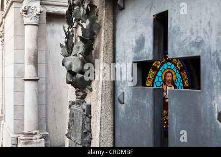 Mausoleum with stained glass window in the La Recoleta cemetery, Buenos Aires, Argentina, South America Stock Photo