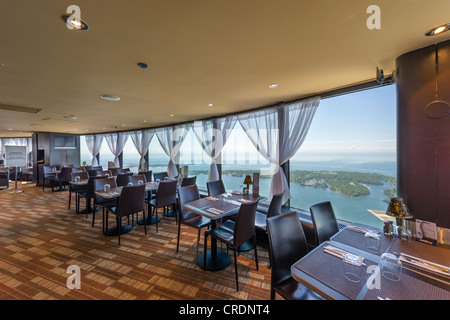 View over Lake Ontario from the Horizons Restaurant on the Lookout Level at the top of the CN Tower, Toronto, Ontario, Canada Stock Photo