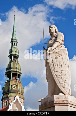 Roland statue, St. Roland, symbol of town privileges or town charter, St Peter's Church, Riga, Latvia, Europe Stock Photo
