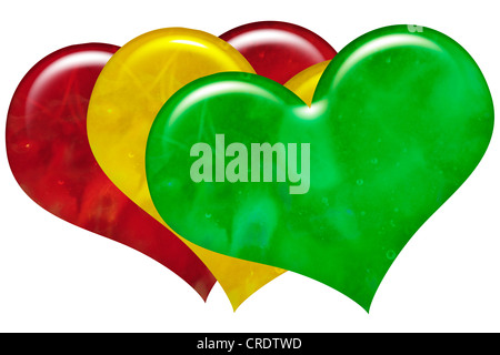 Hearts, red, yellow and green, illustration Stock Photo