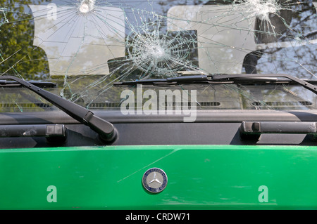 Police car with a damaged windscreen, protests against a neo-Nazi march in Ulm, Baden-Wuerttemberg, PublicGround Stock Photo