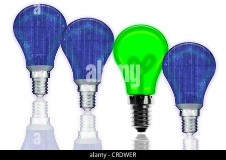 Light bulbs with solar panels or green illumination Stock Photo