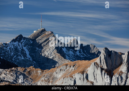 Mountaineering in the Alpstein massif with views of Mt Saentis and Mt Altmann, Appenzell, Swiss Alps, Switzerland, Europe Stock Photo