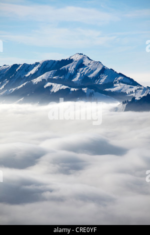 View of the Alpstein massif with Mt. Saentis and mountain pasture in the snow, Alpstein range, Swiss Alps, Switzerland, Europe Stock Photo