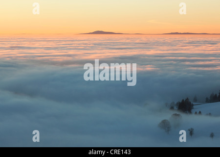 View from Schauinsland Mountain towards the Vosges Mountains and the Rhine Valley with heavy fog at dawn, Black Forest Stock Photo
