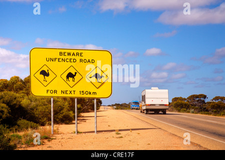 The famous sign on the Nullarbor Plain in Western Australia - look out for emus, camels and kangaroos Stock Photo