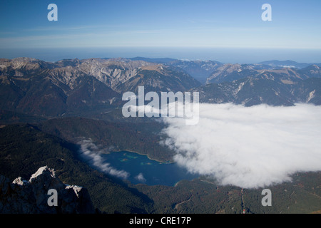 Lake Ebsee and mountains in the autumn light as seen from Zugspitze mountain, summit of Zugspitze mountain, Germany, Austria Stock Photo