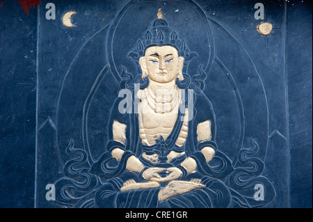 Tibetan Buddhism, stone relief, image of Buddha, Bhumisparsha Mudra, touching the earth, Dochu-La-Pass, the Himalayas Stock Photo