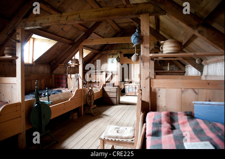 Living in the Middle Ages, interior view, wooden furniture, old sod house, turf and sod constructions, open-air museum Stock Photo