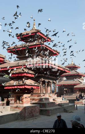 Hinduism, many pigeons flying in front of a Hindu temple, three-story Nepalese pagoda, square in front of the Hanuman Dhoka Stock Photo