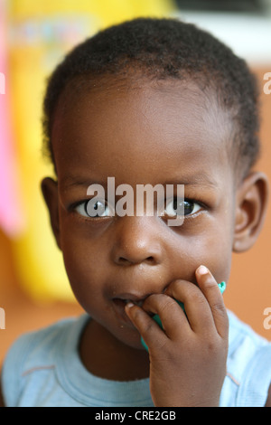 Creole boy, portrait, La Digue island, Seychelles, Africa, Indian Ocean Stock Photo