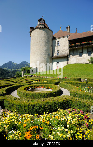 Château de Gruyères castle with gardens in the foreground, Gruyères, Fribourg, Switzerland, Europe Stock Photo