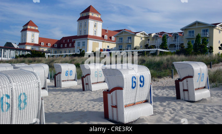 beach chairs in front of Kurhaus, Germany, Insel Ruegen, Binz Stock Photo