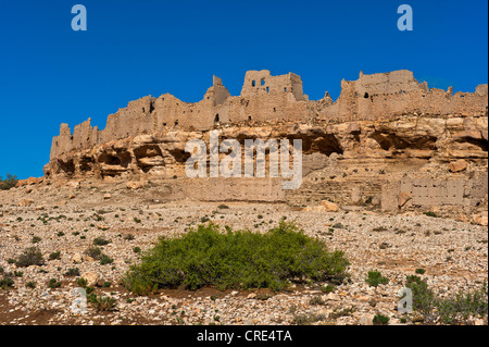 Ruins of an abandoned village on a cliff, Ksar Meski, Ziz Valley, southern Morocco, Morocco, Africa Stock Photo