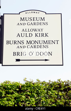 Robert Burns Birthplace Museum sign with directions to Museum, Gardens, Alloway Auld Kirk, Monument, Brig O Doon in Alloway, Ayrshire, Scotland, UK Stock Photo