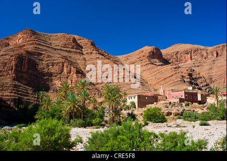 Mountain landscape in the valley of Ait Mansour with palm trees, residential houses and a mosque, Anti-Atlas mountain range Stock Photo