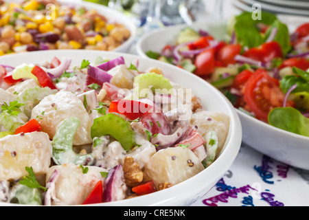 An assortment of salads on a buffet table, with party decorations sprinkled on table. Stock Photo