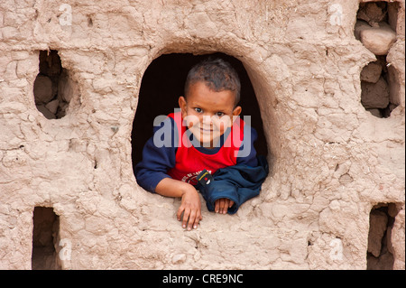 A young boy looking curiously out of the window opening of a decaying kasbah, Tighremt or Berber residential castle made from Stock Photo
