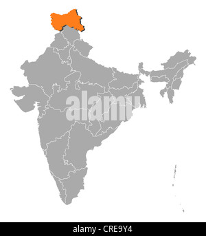 Jammu and Kashmir, state of India. Colored elevation map with lakes and ...