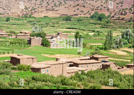 River valley with fields and a small Berber village in the High Atlas Mountains, adobe buildings, Ait Bouguemez Valley Stock Photo