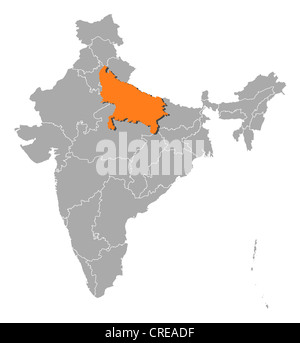 Political map of India with the several states where Uttar Pradesh is highlighted. Stock Photo