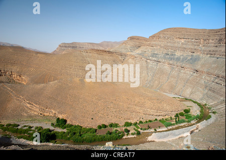 Mountains, escarpment landscape with small fields in the river valley, High Atlas, Dades valley, Morocco, Africa Stock Photo
