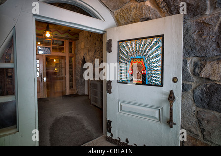 Wood carving on front door at Timberline Lodge, Oregon Stock Photo