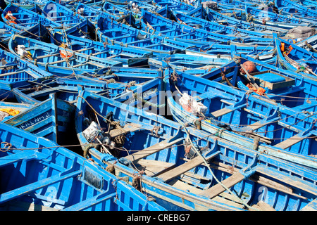 Blue fishing boats in the harbour of Essaouira, Morocco, Africa Stock Photo