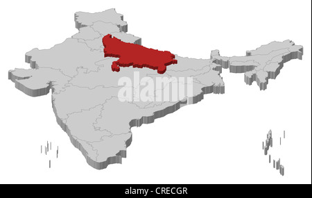 Political map of India with the several states where Uttar Pradesh is highlighted. Stock Photo