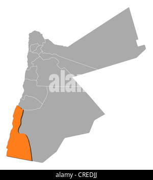 Political map of Jordan with the several governorates where Aqaba is highlighted. Stock Photo