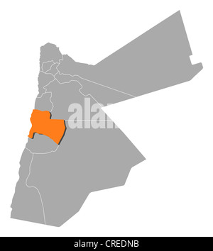 Political map of Jordan with the several governorates where Karak is highlighted. Stock Photo