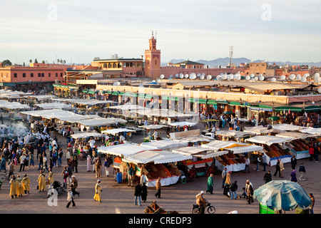 Food and market stalls in Djemaa El Fna square, medina or old town, UNESCO World Heritage Site, Marrakech, Morocco, Africa Stock Photo