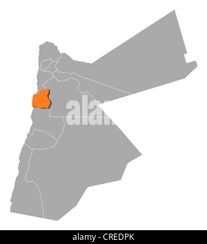 Political map of Jordan with the several governorates where Madaba is highlighted. Stock Photo