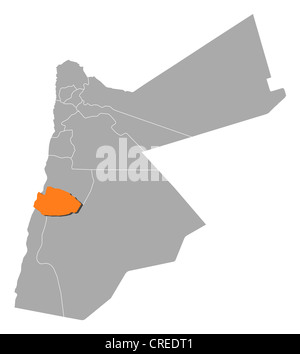 Political map of Jordan with the several governorates where Tafilah is highlighted. Stock Photo