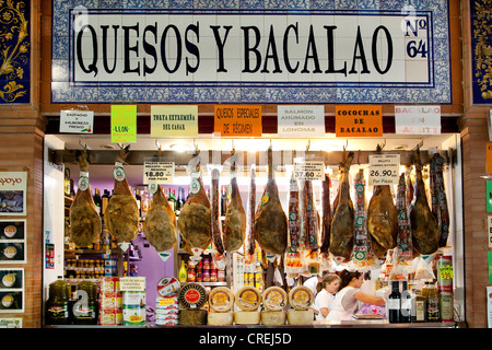 Market hall, Mercado de Triana, with cheese, ham, Serrano ham and fish, Seville, Andalusia, Spain, Europe Stock Photo