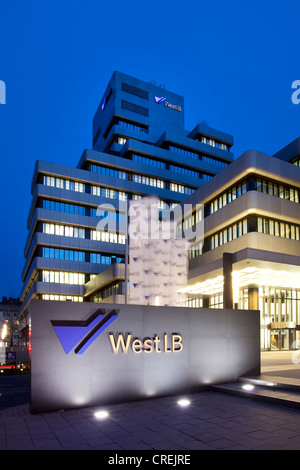 Night shot, Westdeutsche Landesbank, WestLB headquarters, head office, logo on a wall, Duesseldorf, North Rhine-Westphalia Stock Photo
