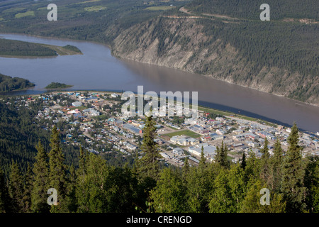 View on Dawson City, Yukon and Klondike Rivers from Midnight Dome, Yukon Territory, Canada Stock Photo