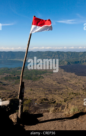 Indonesian flag raised on Mount Gunung Batur, Central Bali, Bali, Indonesia, Southeast Asia, Asia Stock Photo