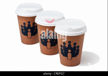 Three takeaway drink cups, one with a with lipstick mark Stock Photo