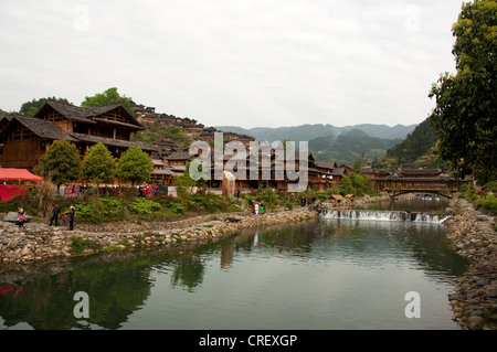 A traditional Miao bridge over Xi River in Xijiang Miao village, China Stock Photo